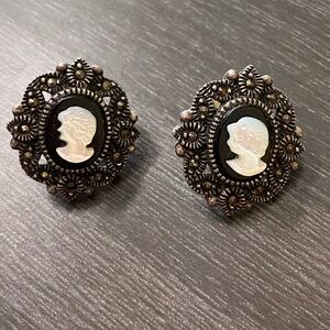 Vintage CFJ Marcasite Cameo 925 Earrings